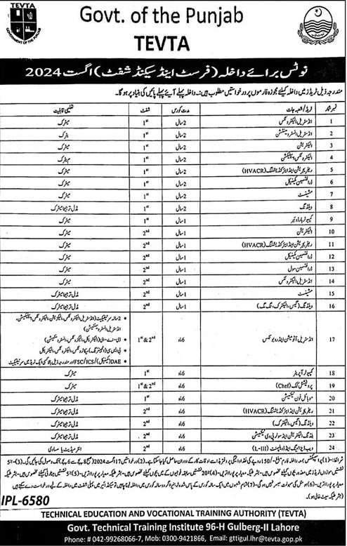 Admission Open in Govt Technical Traning Institute Lahore – Technical Education & Vocational Training Authority TEVTA Punjab Admissions 2024 — original advertisement