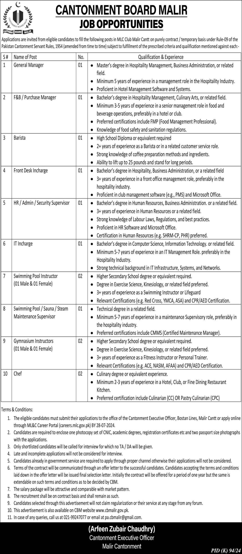 Cantonment Board Malir Karachi Jobs 2024 Jobs 2024 — original advertisement