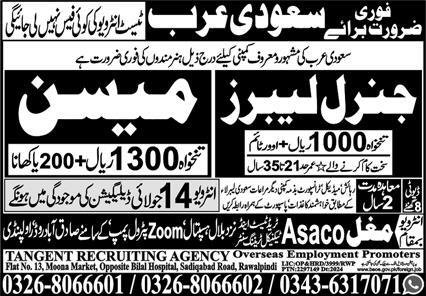 General Labor & Mason Jobs 2024 In Saudi Arabia – Mughal Trade Test & Technical Training Center Jobs 2024 — original advertisement