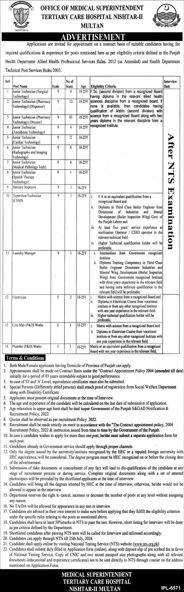 Tertiary Care Hospital Multan Jobs 2024 – Health Department Punjab Jobs 2024 — original advertisement