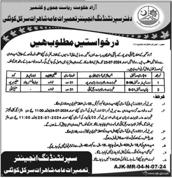 Communication & Works Department Kotli Jobs 2024 – Govt of Azad Kashmir Jobs 2024 — original advertisement