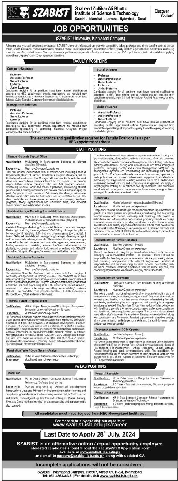 Shaheed Zulfiqar Ali Bhutto Institute of Technology Jobs – Shaheed Zulfiqar Ali Bhutto Medical University Islamabad Jobs 2024 — original advertisement