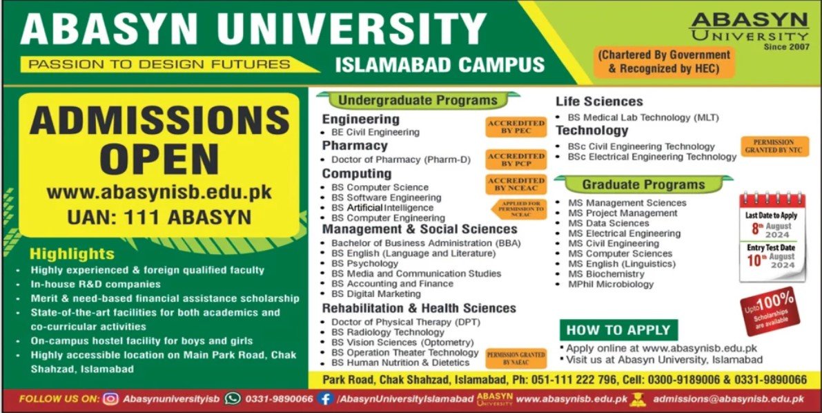 Admission Open in abasyn University Islamabad Campus – Abasyn University Peshawar Admissions 2024 — original advertisement