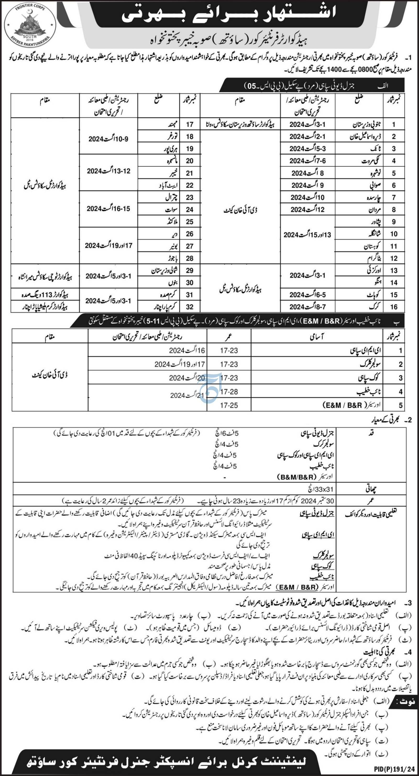 Frontier Crops khyber Pakhtunkhwa Jobs 2024 – Frontier Corps Kpk Jobs 2024 — original advertisement