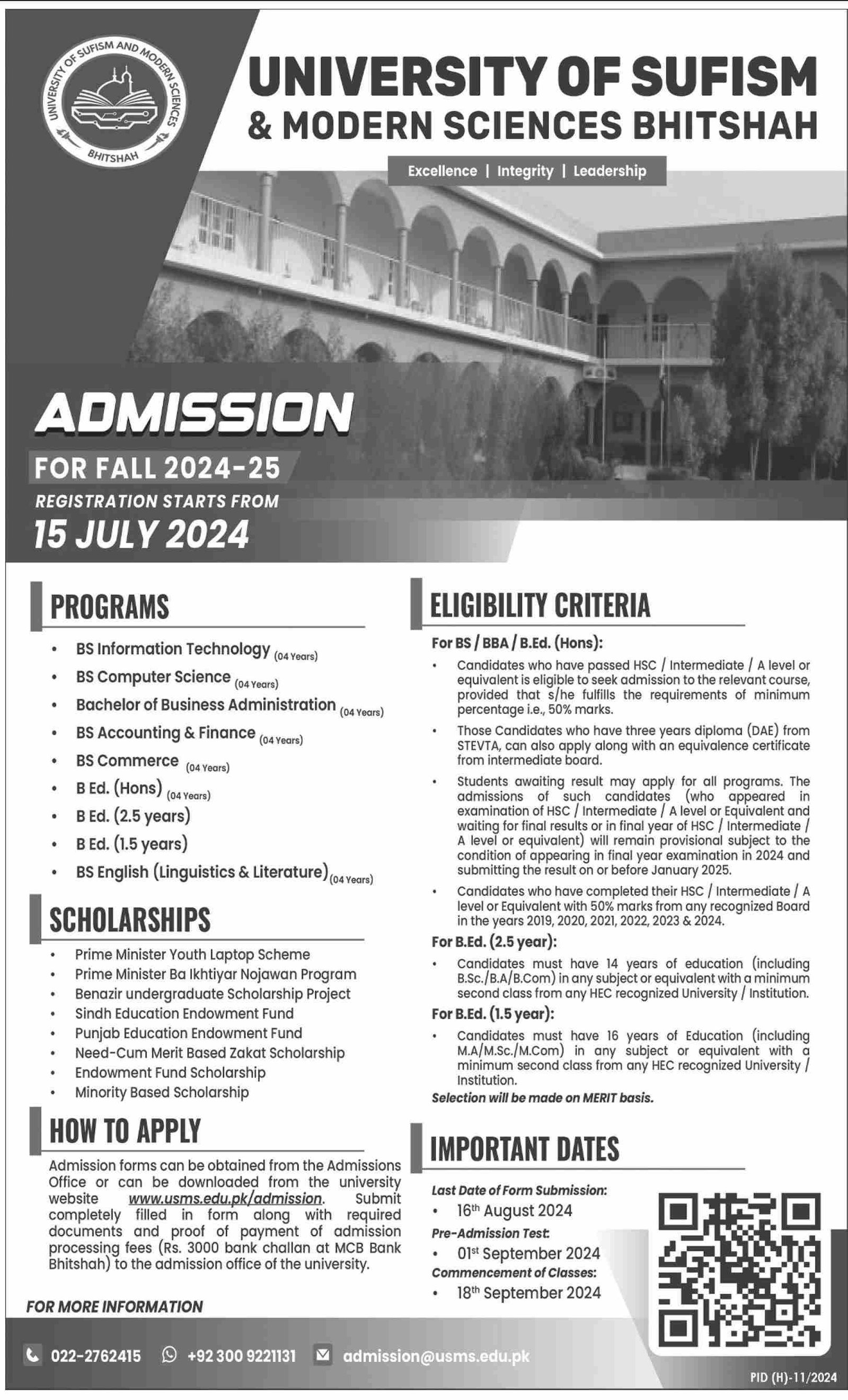 Admissions Open in University of Sufism And Modern Sciences – University of Sufism and Modern Sciences Bhitshah Admissions 2024 — original advertisement