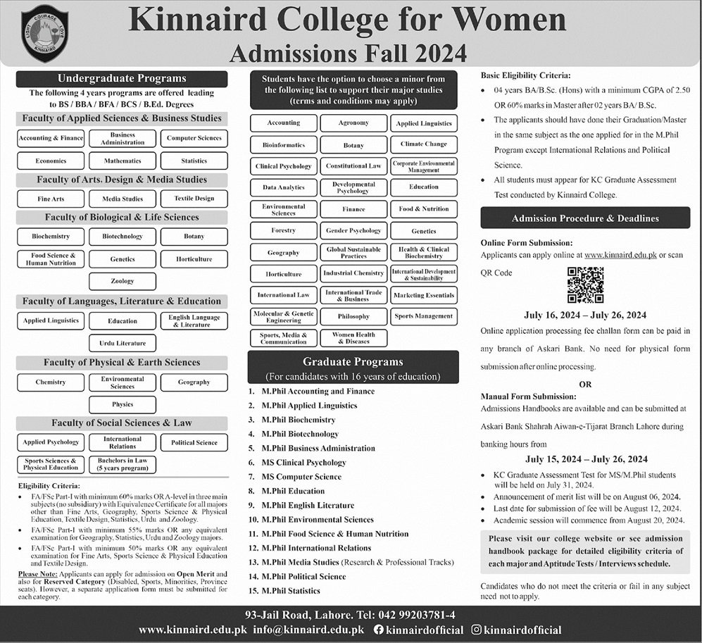 Admission open in Kinnaird College For Women 2024 – Punjab Kinnaird College for Women Lahore Admissions 2024 — original advertisement