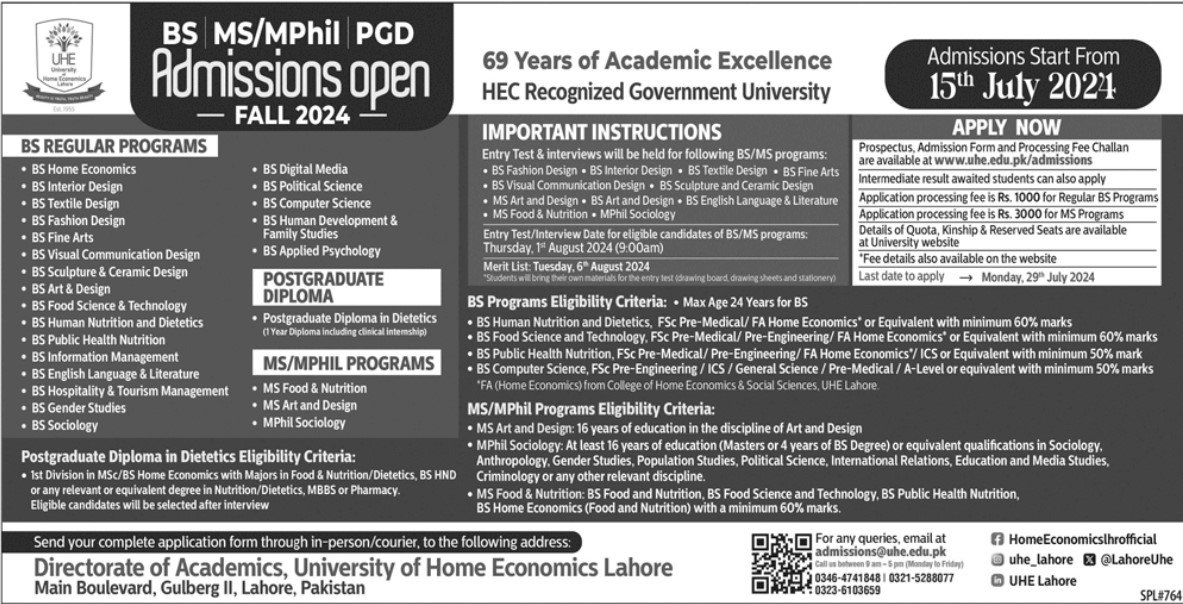 Admission Open in University of Home Economic Lahore 2024 – University of Home Economics Lahore Admissions 2024 — original advertisement