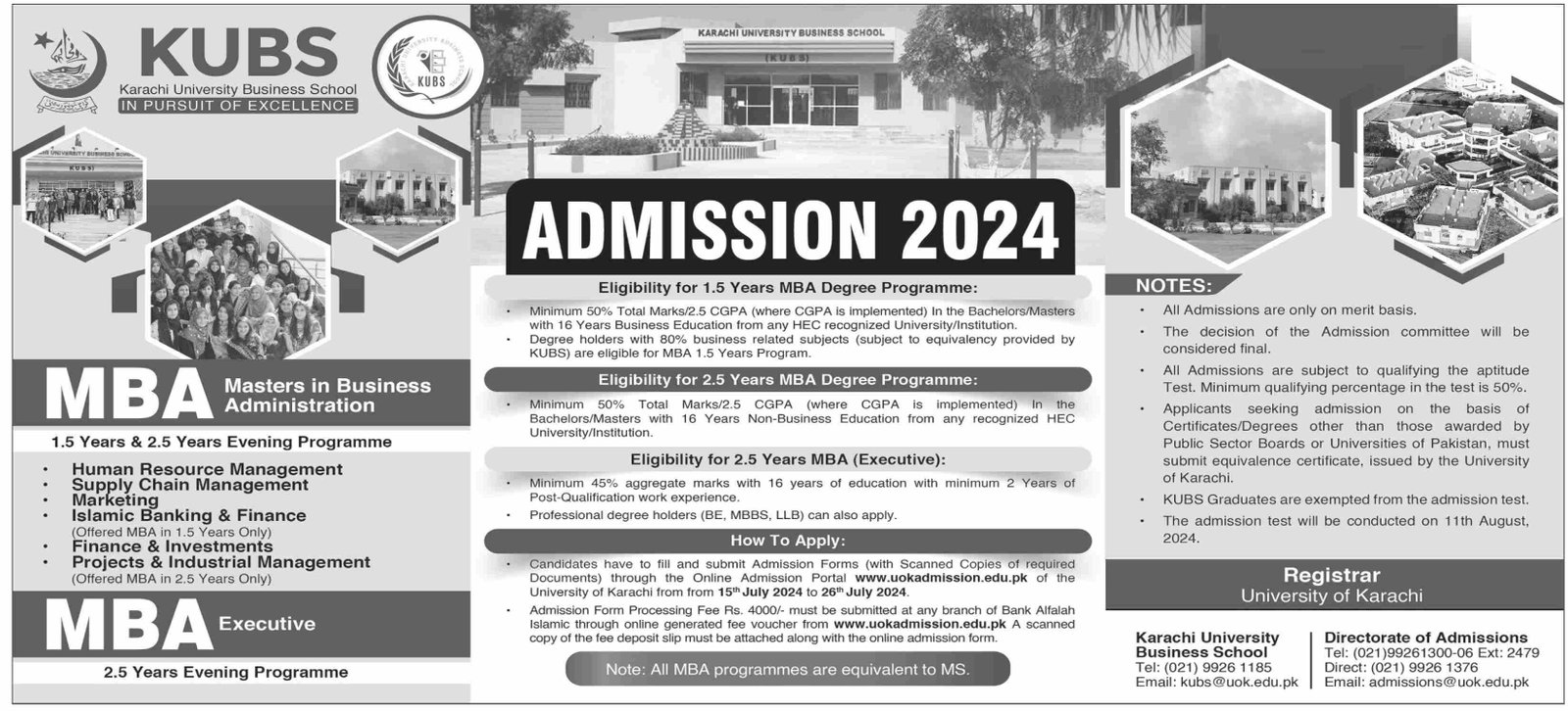 Admission Open in Karachi University Business School 2024 Admissions 2024 — original advertisement