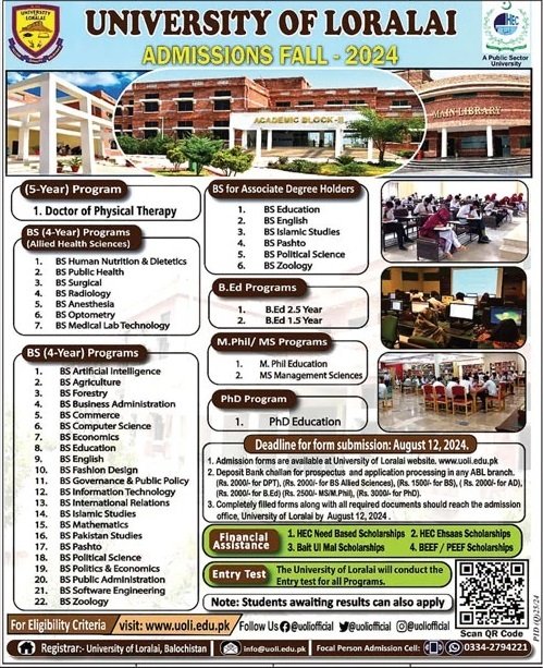 Admission open in university of Loralai Balochistan 2024 Admissions 2024 — original advertisement