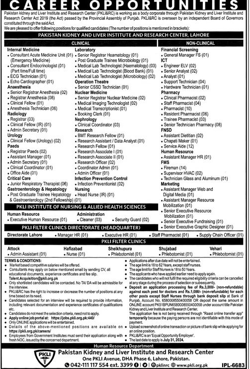 Pakistan Kidney And Liver Institute And Research Centre Jobs – Pakistan Kidney And Liver Institute (PKLI) And Research Centre Lahore Jobs 2024 — original advertisement