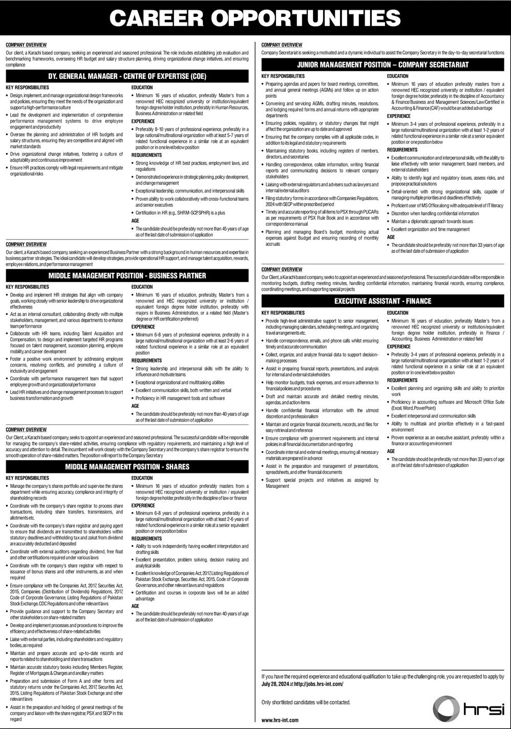 Human Resource Solution International HRSI Jobs 2024 – HRSG People and Business karachi Jobs 2024 — original advertisement