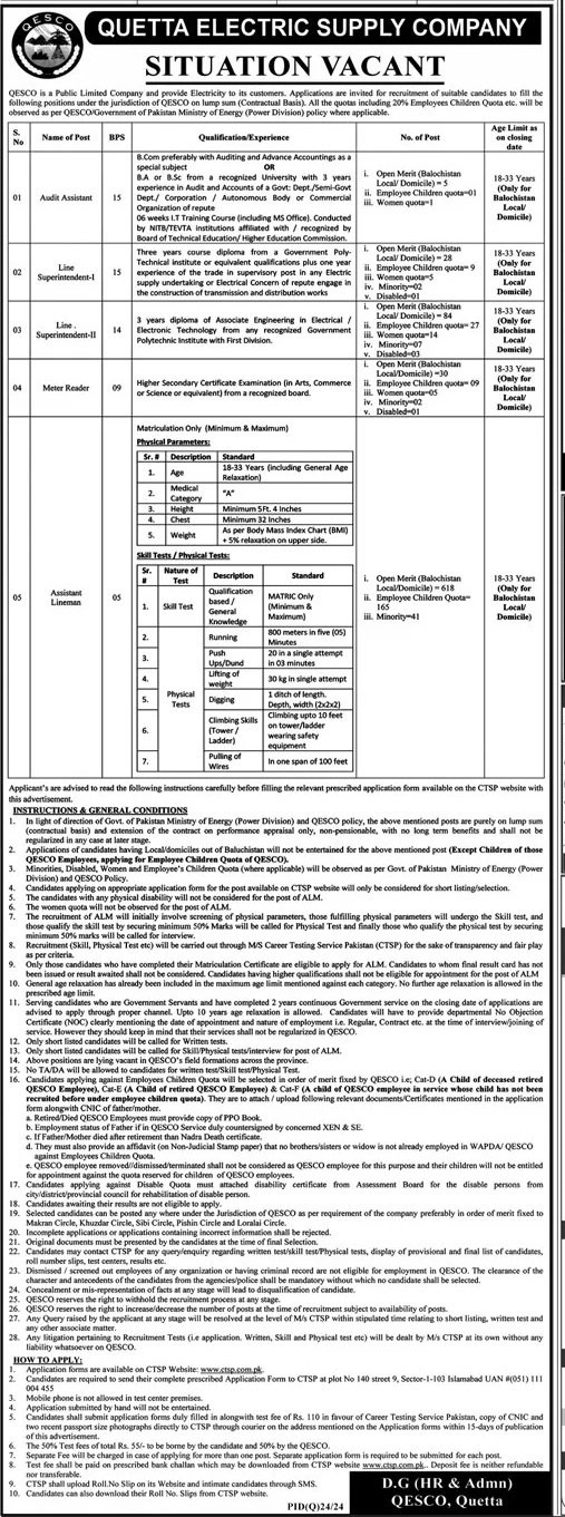 Quetta Electric Supply Company Qesco Jobs 2024 Jobs 2024 — original advertisement