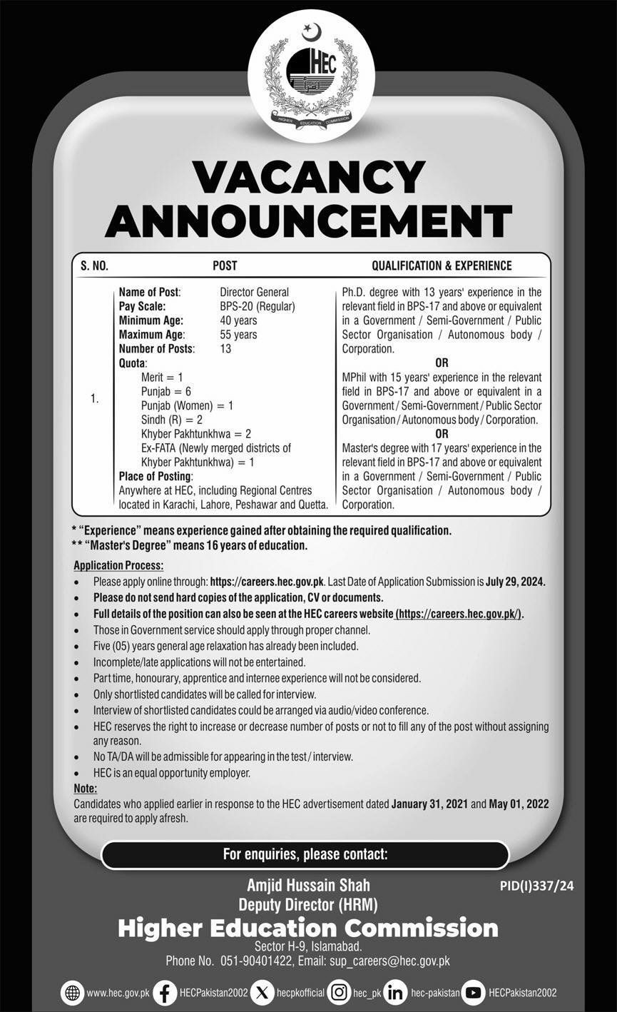 Higher Education Commission HEC Islamabad Jobs 2024 – Higher Education Commission Islamabad Jobs 2024 — original advertisement