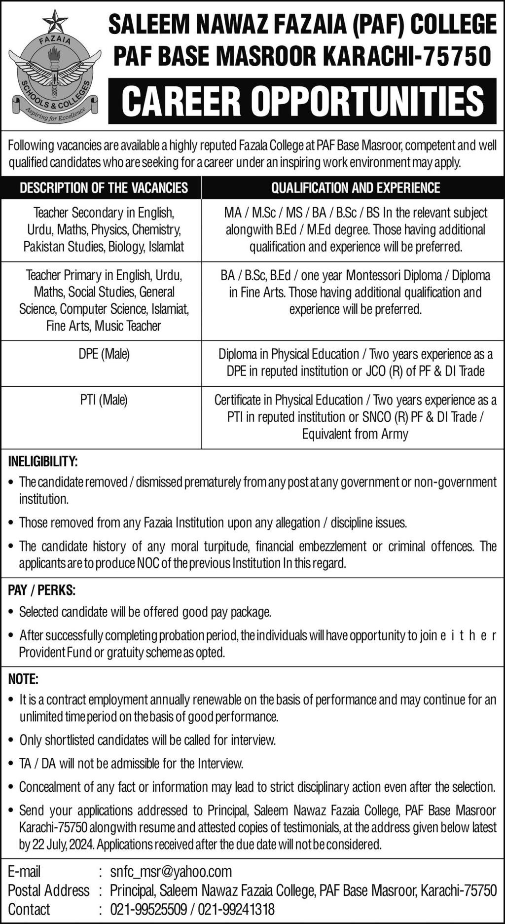 Saleem Nawaz Fazaia PAF College pAF bASE Karachi Jobs 2024 – Pakistan Air Force Jobs 2024 — original advertisement