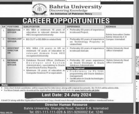 Bahria University Islamabad Jobs 2024 Jobs 2024 — original advertisement