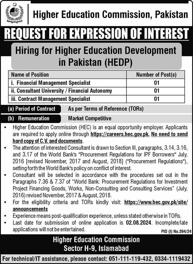 Higher Education Commission HEC Islamabad Jobs 2024 – Higher Education Commission Islamabad Jobs 2024 — original advertisement
