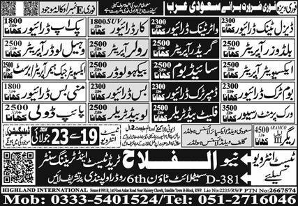 Roller Operator & Bulldozer Operator Jobs 2024 Saudi Arabia – Al Falah Trade Test Jobs 2024 — original advertisement