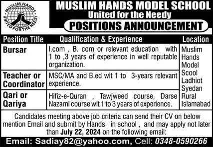 Muslim Hands Model School Ladhiot Syedan Jobs 2024 Jobs 2024 — original advertisement