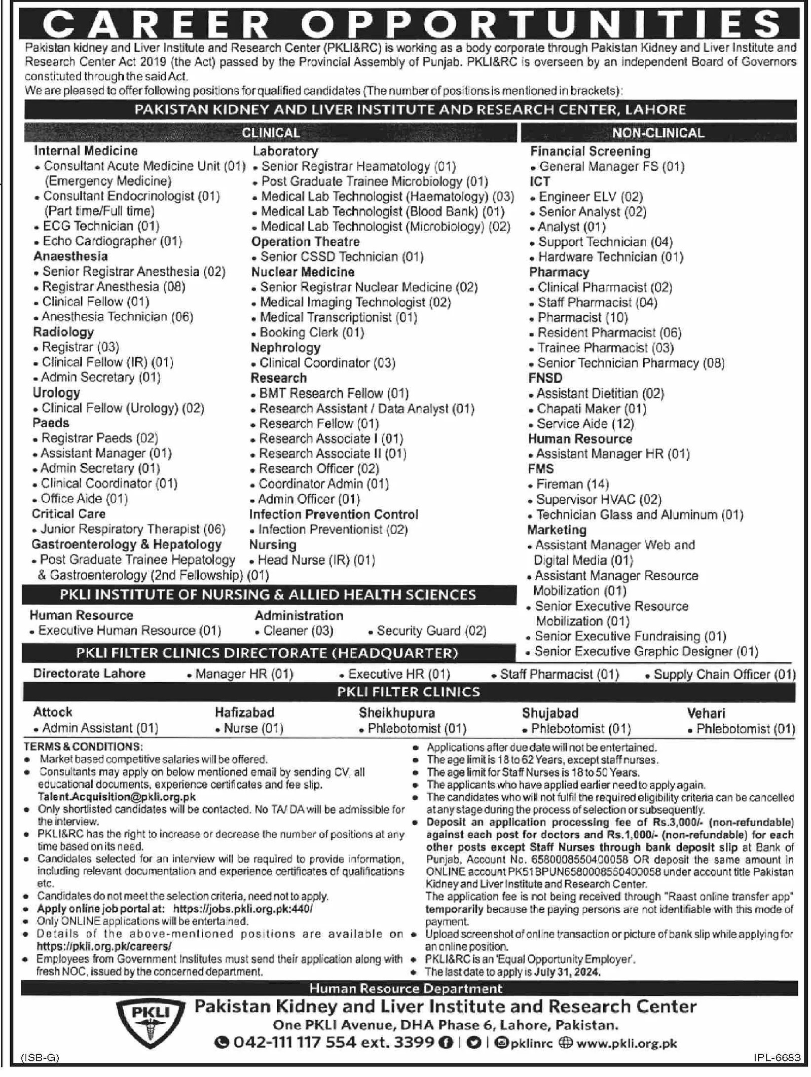 Pakistan Kidney And Liver Institute Lahore Jobs 2024 – Pakistan Kidney And Liver Institute (PKLI) And Research Centre Lahore Jobs 2024 — original advertisement