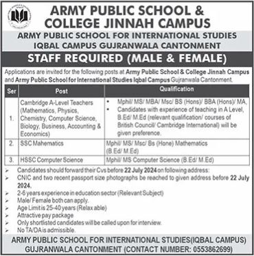 Army Public School & College APS&C Gujranwala Jobs 2024 – Army Public School & College Paksitan Jobs 2024 — original advertisement
