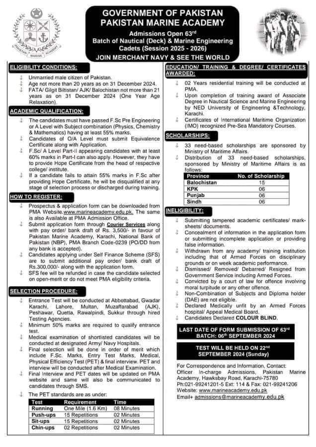 Admissions Open 63rd Batch of Nautical (Deck) & Marine 2024 – Pakistan Navy Admissions 2024 — original advertisement