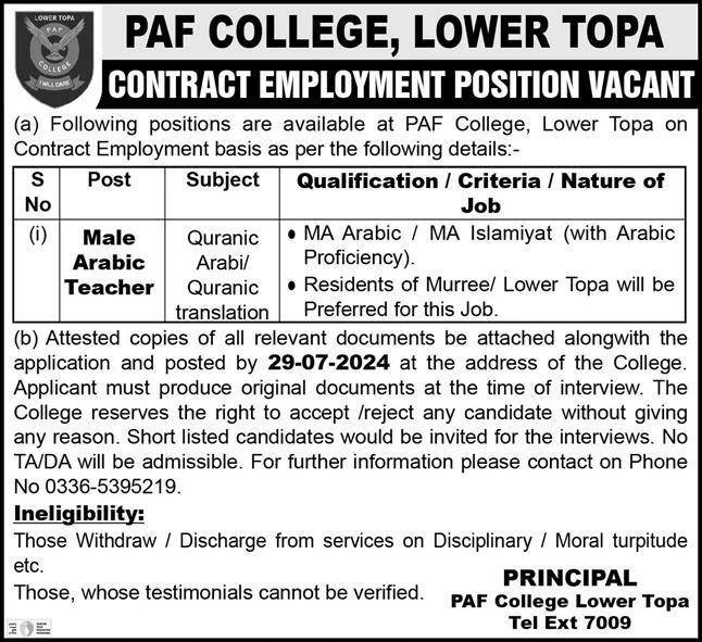 PAF College Lower Topa Murree Jobs 2024 – Pakistan Air Force Jobs 2024 — original advertisement