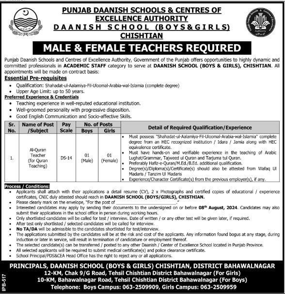 Daanish School Boys And Girls Chishtian Jobs 2024 – Punjab Daanish School Jobs 2024 — original advertisement