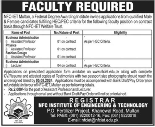 NFC Institute of Engineering & Technology  Multan Jobs 2024 – NFC Institute of Engineering & Technology Multan Jobs 2024 — original advertisement