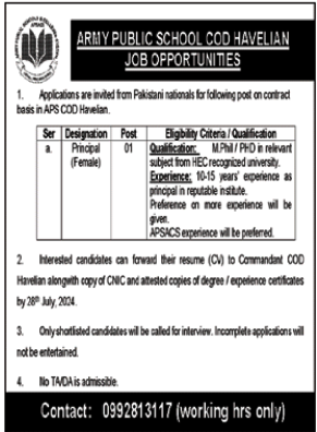 Army Public School COD Havelian Khyber Pakhtunkhwa Jobs 2024 – Army Public School & College Paksitan Jobs 2024 — original advertisement