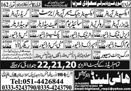 Excavator Operator & Diesel Tank Driver Jobs 2024 – High Land International Jobs 2024 — original advertisement