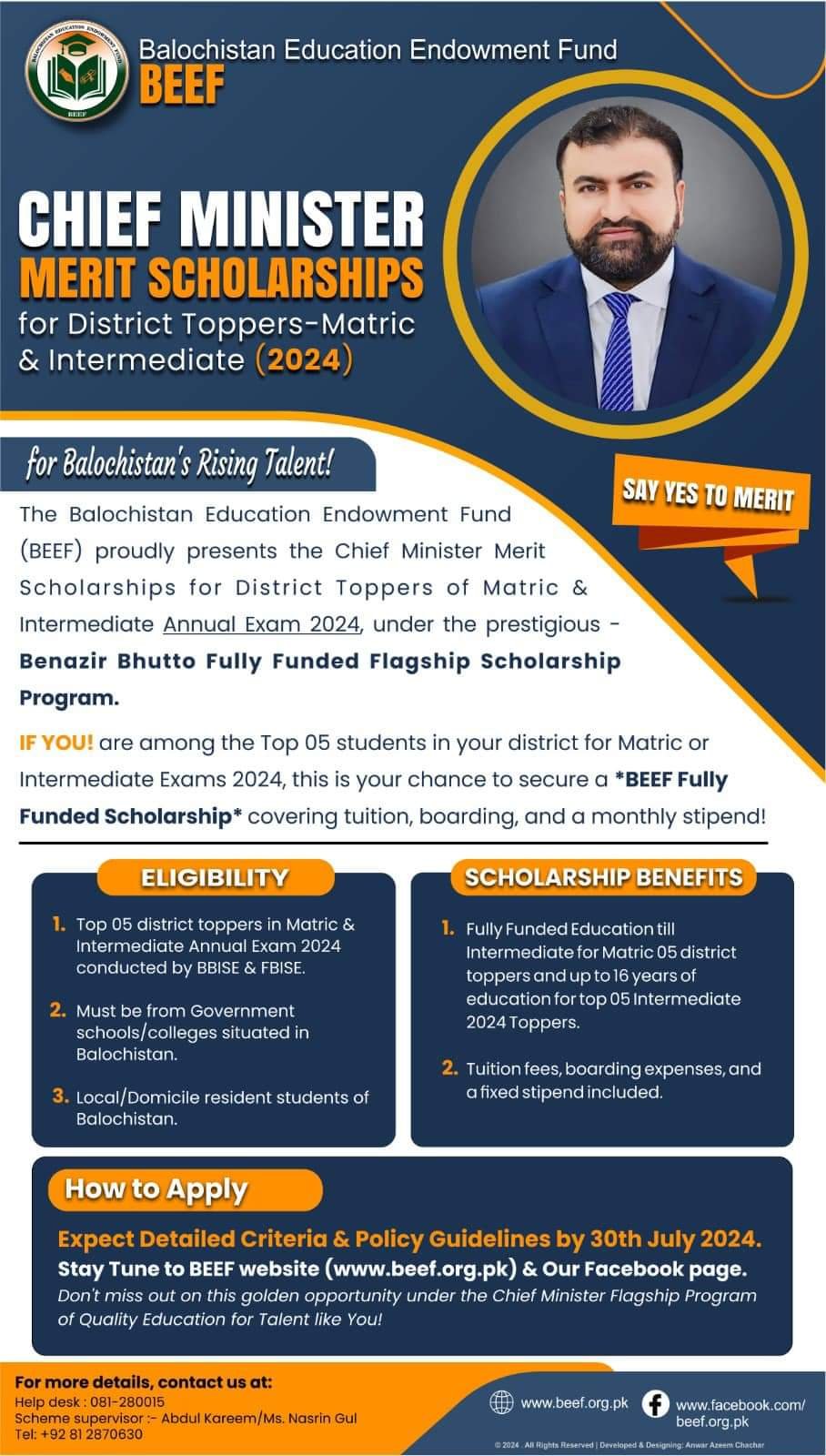 CM Balochistan District Topper Scholarships for SSC HSSC – Balochistan Education Endowment Fund (BEEF) Scholarships 2024 — original advertisement