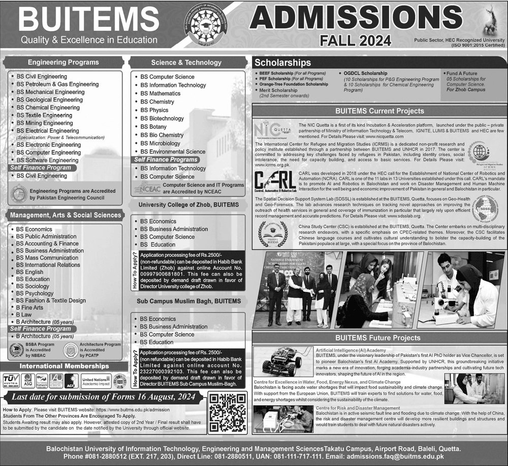 Admission Open in Balochistan University of Engineering 2024 – Balochistan University of Information Technology & Management Science Quetta Admissions 2024 — original advertisement
