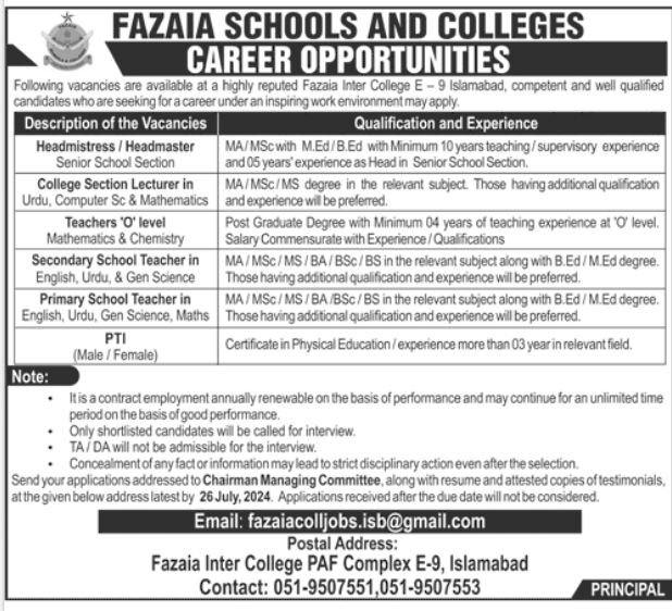 Fazaia School And College Islamabad Jobs 2024 – Fazaia Schools & Colleges Jobs 2024 — original advertisement