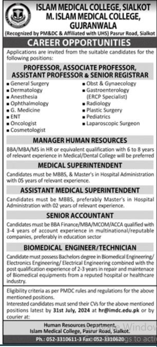 Islam Medical College Sialkot Jobs 2024 Jobs 2024 — original advertisement
