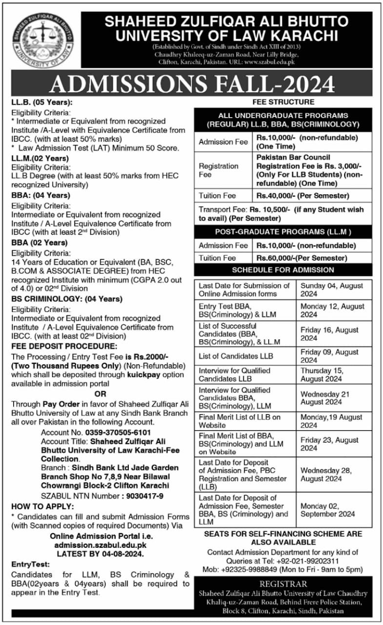 Admission Open in Shaheed Zulfiqar Ali Bhutto Univeristy – Shaheed Zulfiqar Ali Bhutto University of Law Karachi Admissions 2024 — original advertisement