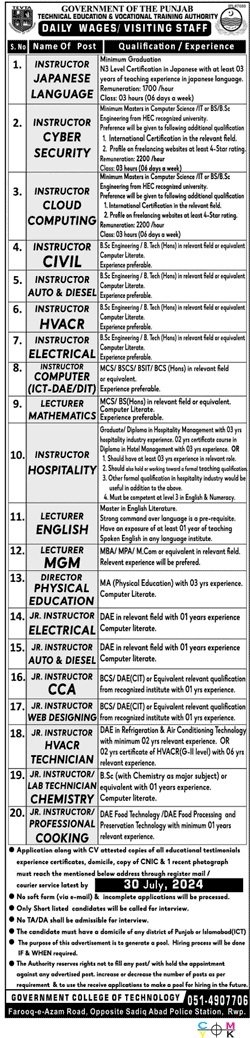 Technical Education And Vacational Traing Authority Jobs – Technical Education & Vocational Training Authority TEVTA Punjab Jobs 2024 — original advertisement