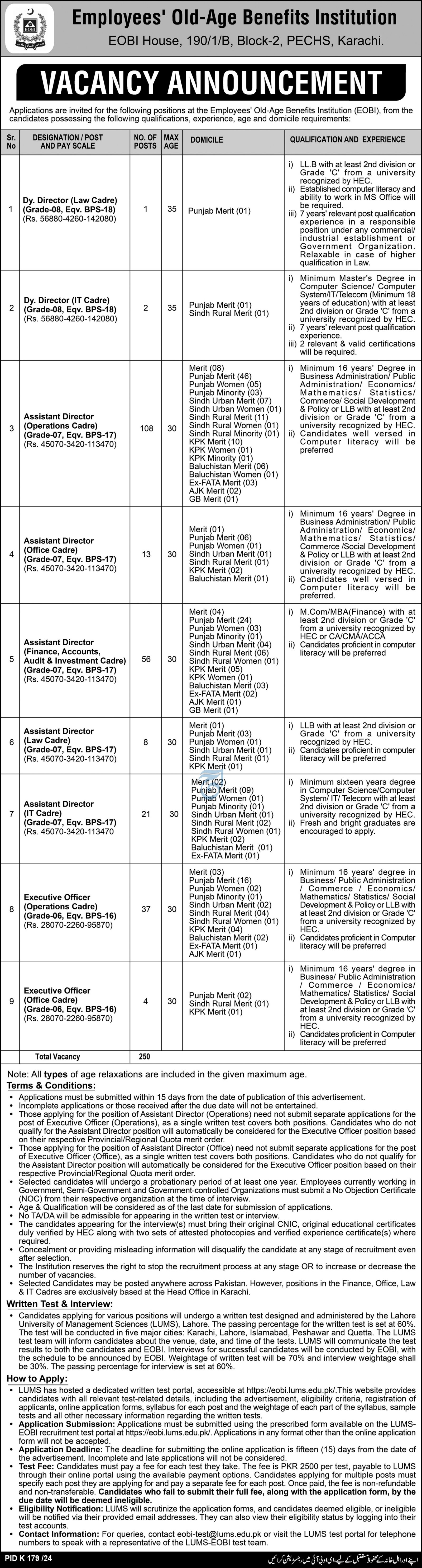 Employees Old Age Benefits Institution EOBI Karachi Jobs – Private Sector Organization Jobs 2024 — original advertisement