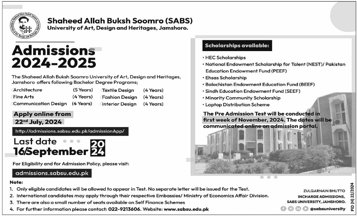 Admissions in Shaheed Allah Bux Soomro University of Art – Shaheed Allah Bux Soomro University Of Art Design & Heritage Admissions 2024 — original advertisement