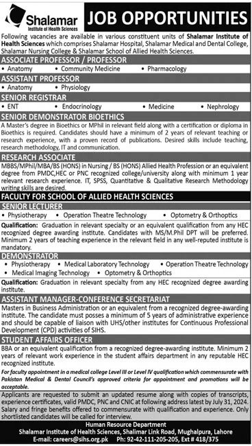 Shalamar institute of Health Sciences Lahore Jobs 2024 Jobs 2024 — original advertisement