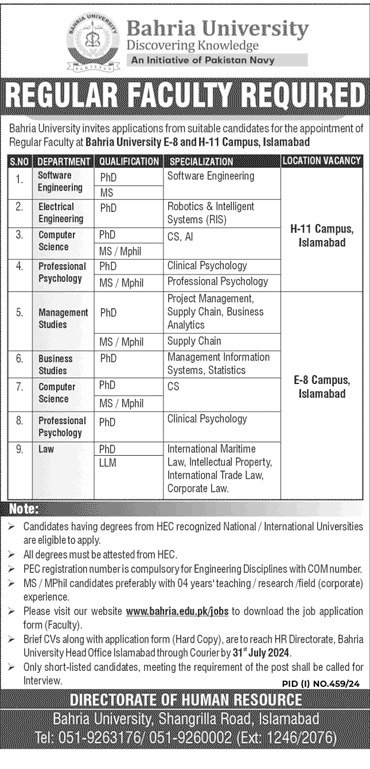 Bahria University Islamabad Jobs 2024 Jobs 2024 — original advertisement