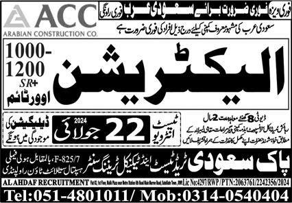 Electrician Jobs in Saudia Arabia 2024 – Pak Saudi Trade Test & Technical Training Center Jobs 2024 — original advertisement