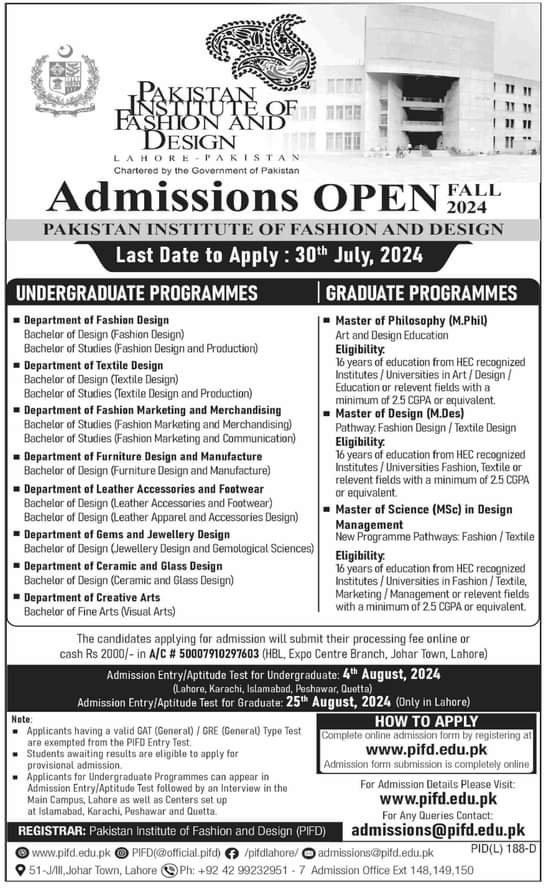 Admissions Open in pakistan institute of Fashion Design 2024 – Pakistan Institute of Fashion and Design PIFD Lahore Admissions 2024 — original advertisement