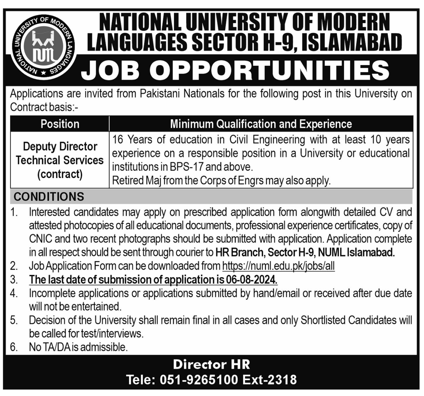 National University Of Modern Languages NUML Jobs 2024 – National University of Modern Languages Islamabad Jobs 2024 — original advertisement