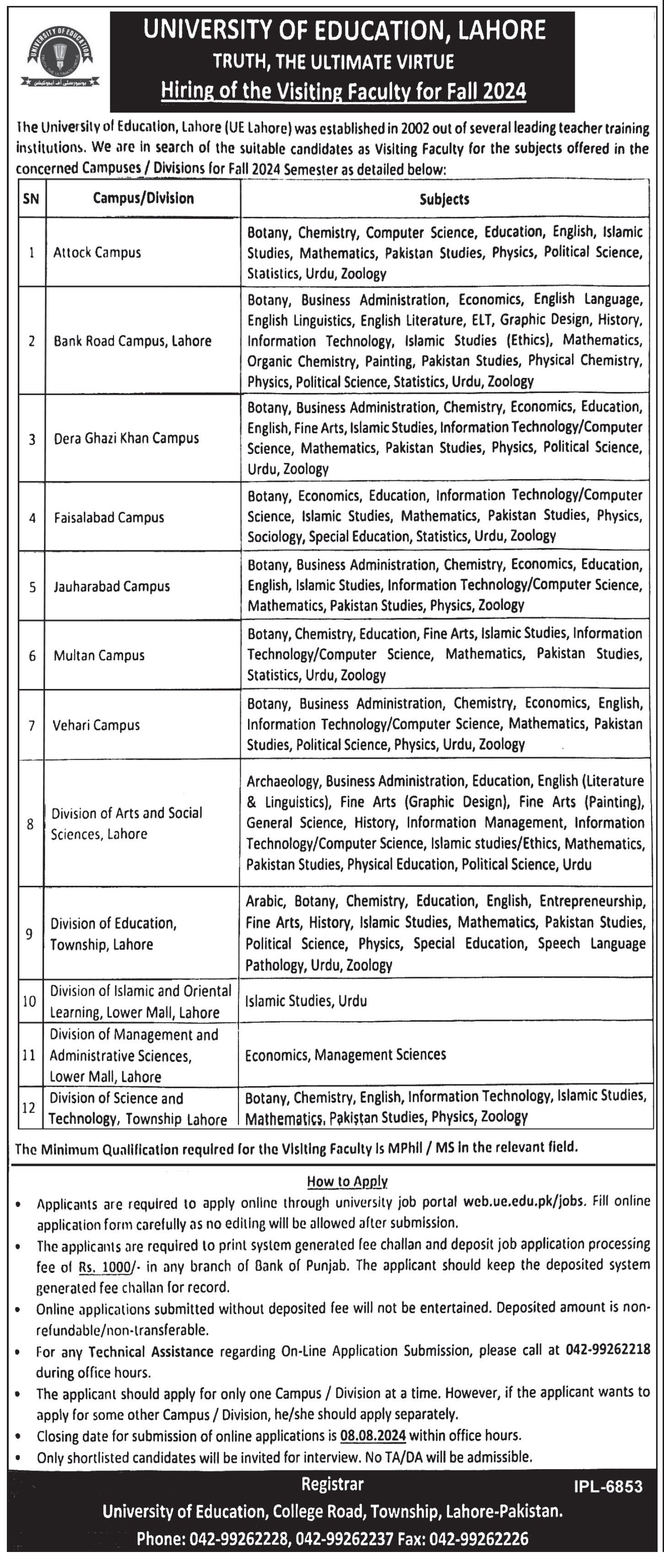 University Of Education Lahore Jobs 2024 Jobs 2024 — original advertisement