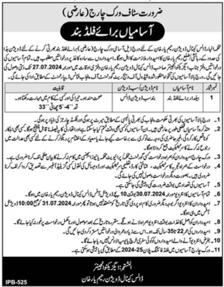 Anhar Department Rahim Yar Khan Jobs 2024 – Irrigation Department Punjab Jobs 2024 — original advertisement