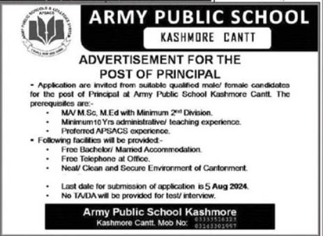 Army Public School APS Kashmore Jobs 2024 – Army Public School & College Paksitan Jobs 2024 — original advertisement