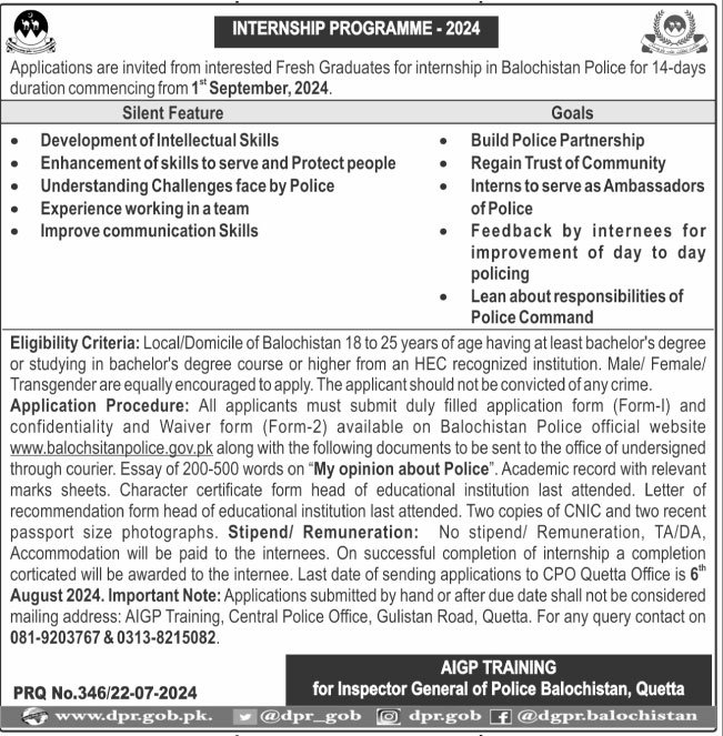 Internship Program At Balochistan Police – Balochistan Police Department Jobs 2024 — original advertisement