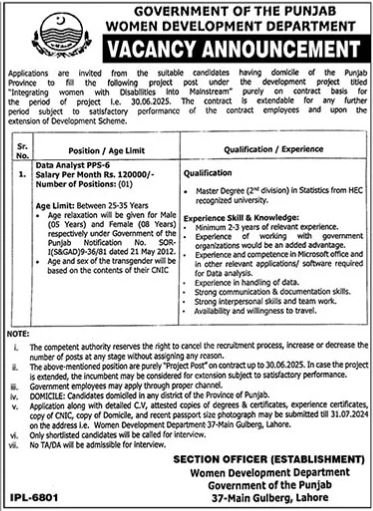 Women Development Department Lahore Jobs 2024 – Women Development Department Punjab Jobs 2024 — original advertisement