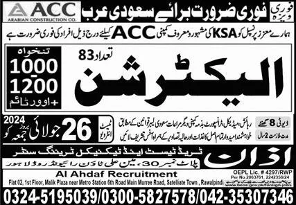 Electrician Jobs Career Opportunity In Saudi Arabia 2024 – Azan Trade Test Center Jobs 2024 — original advertisement