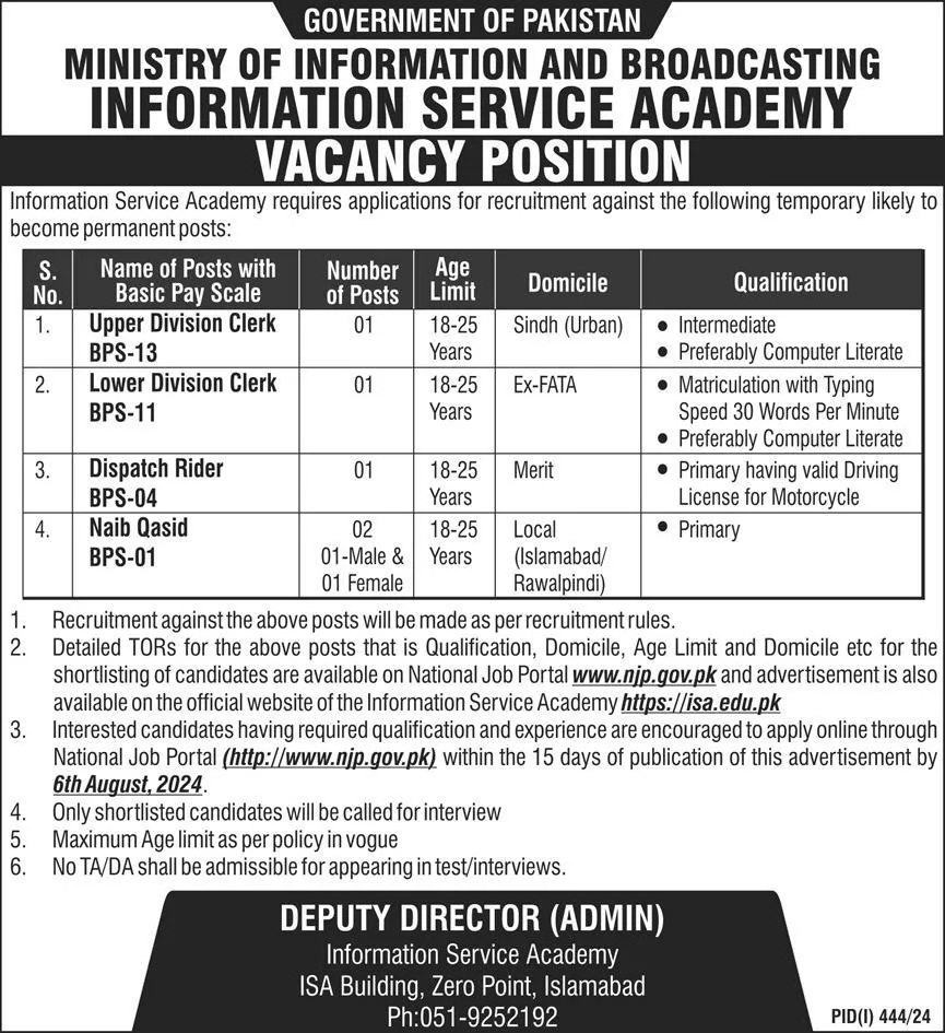 Ministry of information And Brodcasting Pakistan Jobs 2024 – Ministry of Information & Broadcasting Pakistan Jobs 2024 — original advertisement